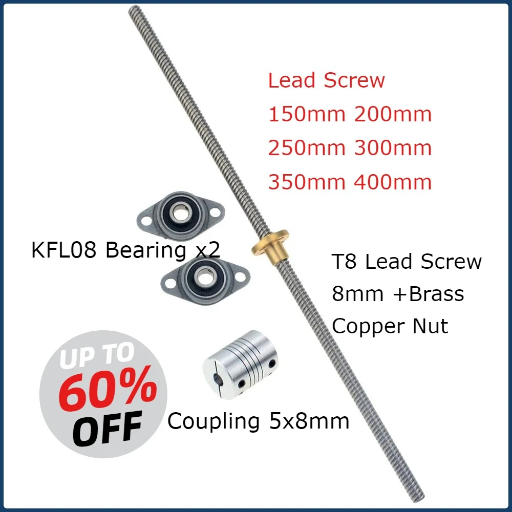 1Set 150/200/250/300/350/400mm 3D Printer &CNC T8 Lead Screw 8mm +Brass Copper Nut +KFL08 Bearing Bracket +Flexible Coupling
1Set 150/200/250/300/350/400mm 3D Printer &CNC T8 Lead Screw 8mm +Brass Copper Nut +KFL08 Bearing Bracket +Flexible Coupling