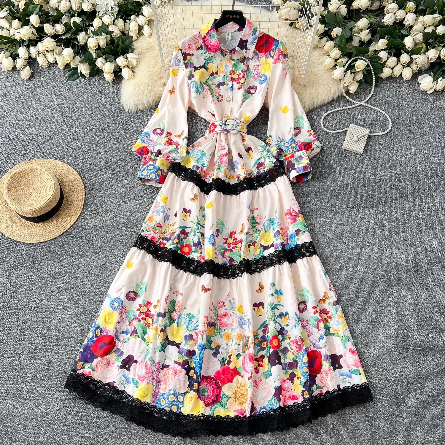Spring Summer Floral Holiday Maxi Dress Women's Turn Down Neck Long Lantern Sleeve Sashes Lace Trims Embroidery Robe Vestidos
Spring Summer Floral Holiday Maxi Dress Women's Turn Down Neck Long Lantern Sleeve Sashes Lace Trims Embroidery Robe Vestidos