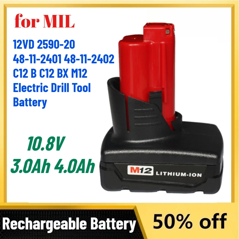 10.8V 3.0Ah 4.0Ah Rechargeable Battery for MIL 12VD 2590-20 48-11-2401 48-11-2402 C12 B C12 BX M12 Electric Drill Tool Battery
10.8V 3.0Ah 4.0Ah Rechargeable Battery for MIL 12VD 2590-20 48-11-2401 48-11-2402 C12 B C12 BX M12 Electric Drill Tool Battery