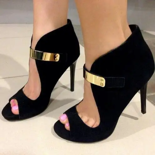 Summer Black Suede Gold Metal Decor Peep Toe Hollow Cover Heel Ankle Boots Women Stiletto Heels Party Pumps Shoes Drop Shipping
Summer Black Suede Gold Metal Decor Peep Toe Hollow Cover Heel Ankle Boots Women Stiletto Heels Party Pumps Shoes Drop Shipping
