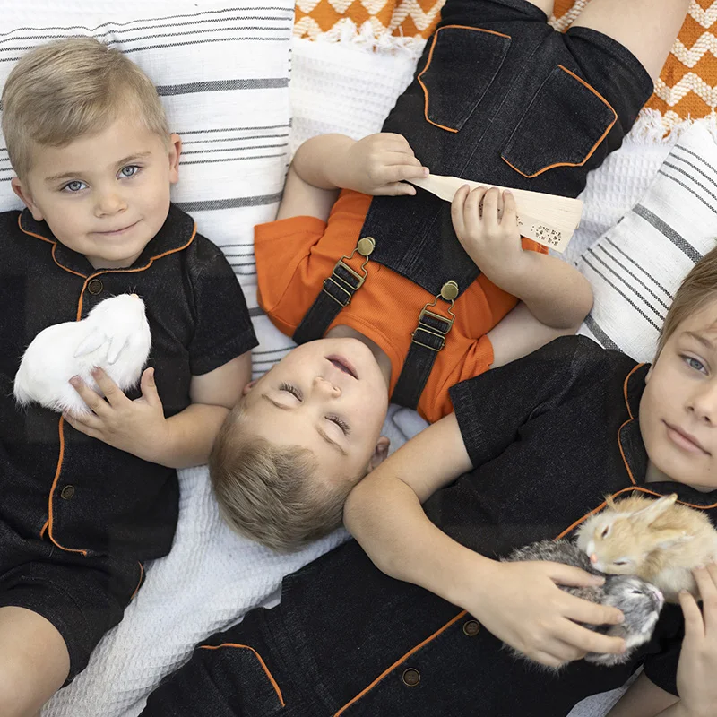 Ali Plus New SS25 Black Denim with Orange Trim Girls Dress Romper Boys Built Up Shirt and Pants Boy and Girl Ribbed Orange Top
Ali Plus New SS25 Black Denim with Orange Trim Girls Dress Romper Boys Built Up Shirt and Pants Boy and Girl Ribbed Orange Top