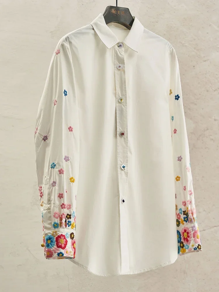 Turn-down Collar POLO Shirts Loose Baggy Long Sleeve White Blouse Luxury Flower Floral Embroidery Elegant Women Temperament 2025
Turn-down Collar POLO Shirts Loose Baggy Long Sleeve White Blouse Luxury Flower Floral Embroidery Elegant Women Temperament 2025