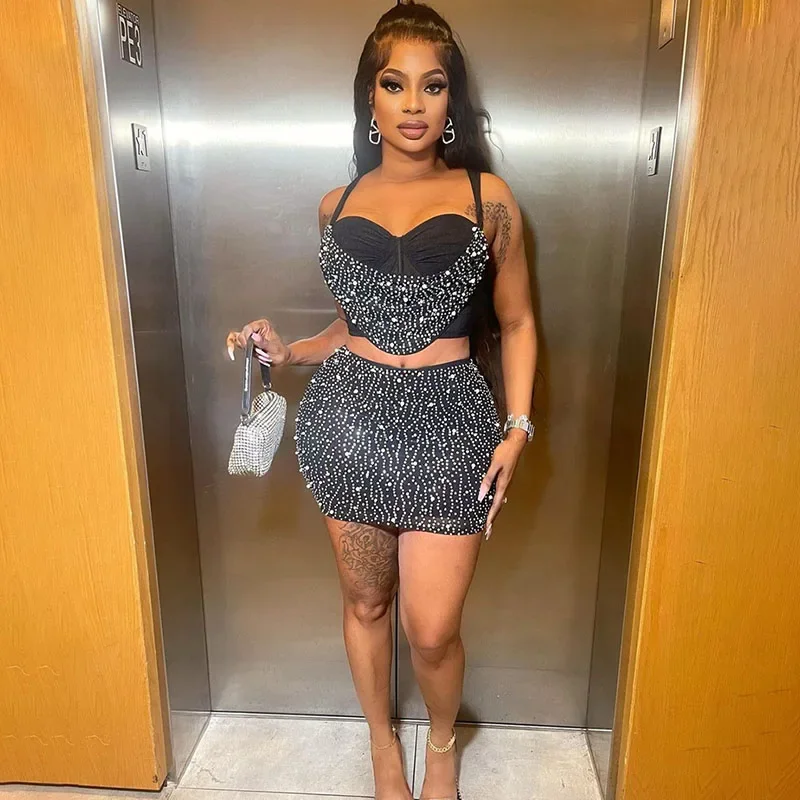 Glitter Pearls Rhinestone Birthday Outfits Women Matching Sets Night Club Crop Top and Mini Skirt Womens 2 Piece Outfit Set
Glitter Pearls Rhinestone Birthday Outfits Women Matching Sets Night Club Crop Top and Mini Skirt Womens 2 Piece Outfit Set