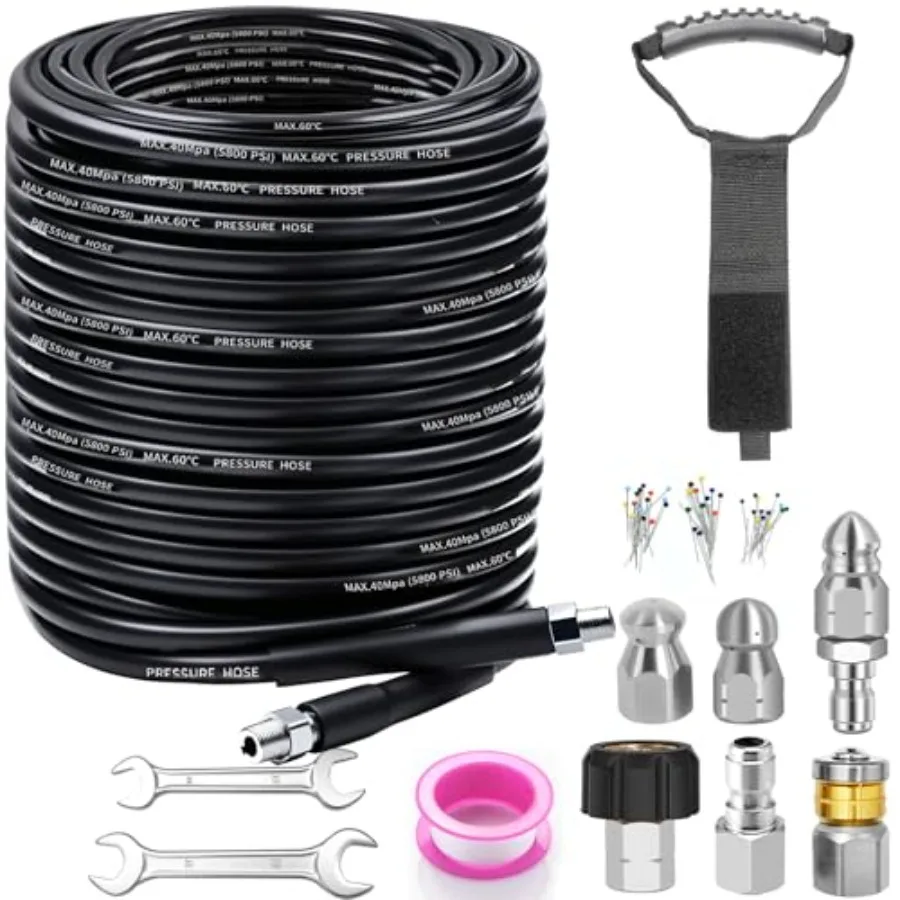 150Feet Sewer Jetter Kit for Pressure Washer, 5800PSI Drain Cleaner Hose 1/4 Inch NPT Corner, Rotating and Button Nose Sewer Je
150Feet Sewer Jetter Kit for Pressure Washer, 5800PSI Drain Cleaner Hose 1/4 Inch NPT Corner, Rotating and Button Nose Sewer Je