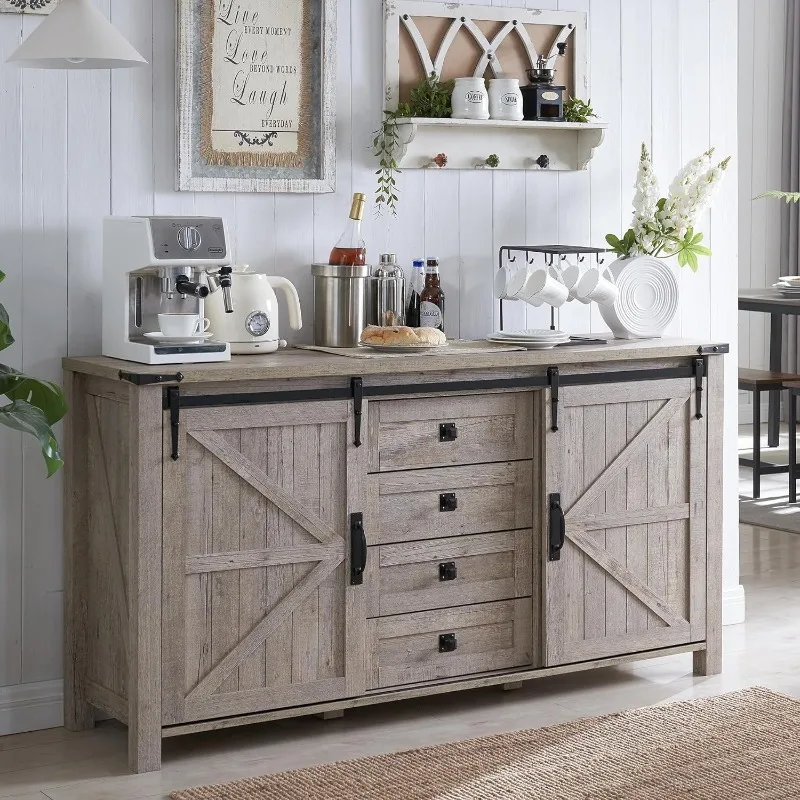 60" Large Kitchen Cabinet w/Sliding Barn Doors and 4 Drawers, 31.2'' Tall Rustic Wood Coffee Bar Table for Dining Room
60" Large Kitchen Cabinet w/Sliding Barn Doors and 4 Drawers, 31.2'' Tall Rustic Wood Coffee Bar Table for Dining Room