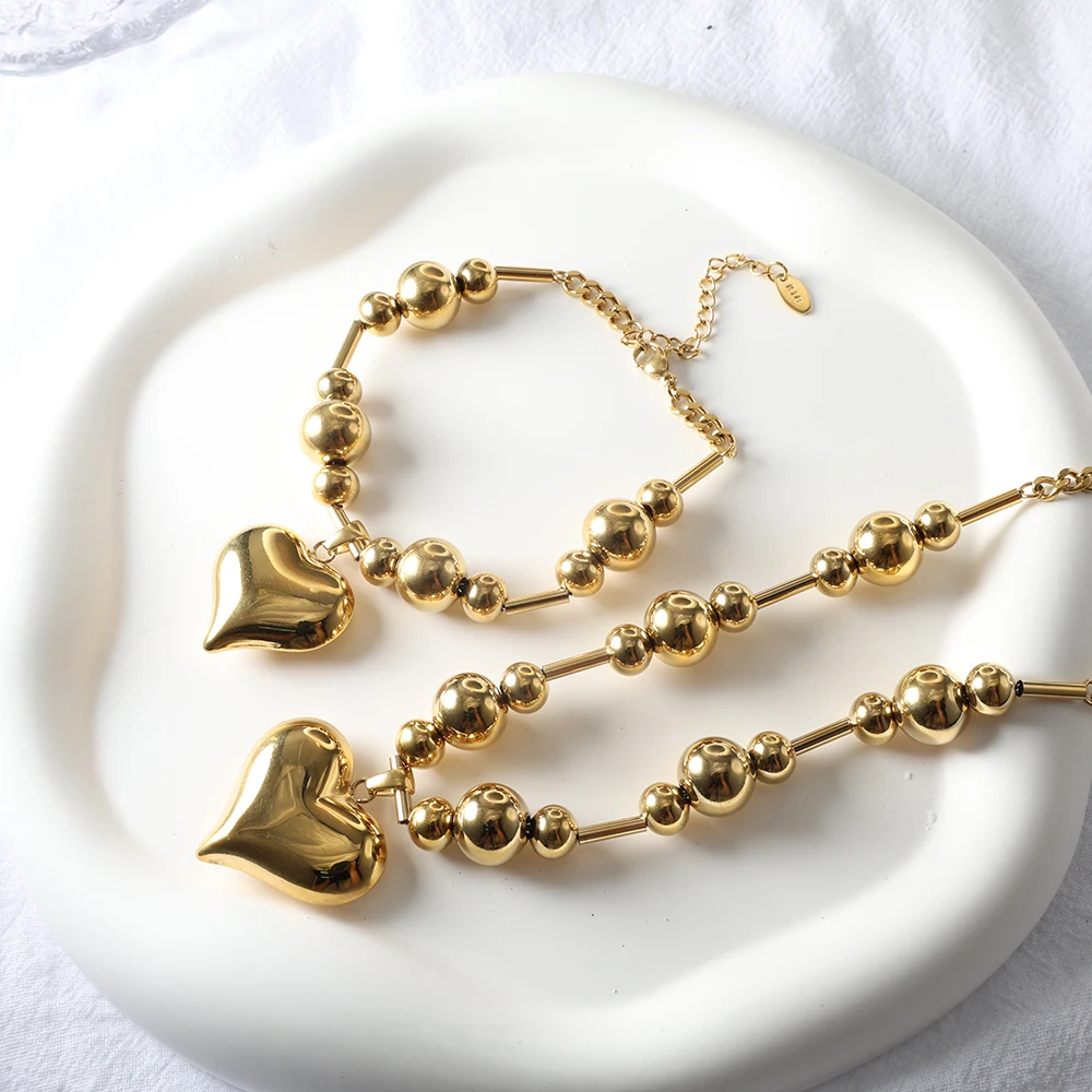 Gothic Gold Color Heart Pendant Necklace for Women Stainless Steel PVD Ball Beaded Choker Bracelet Vintage Chunky Jewelry Set
Gothic Gold Color Heart Pendant Necklace for Women Stainless Steel PVD Ball Beaded Choker Bracelet Vintage Chunky Jewelry Set