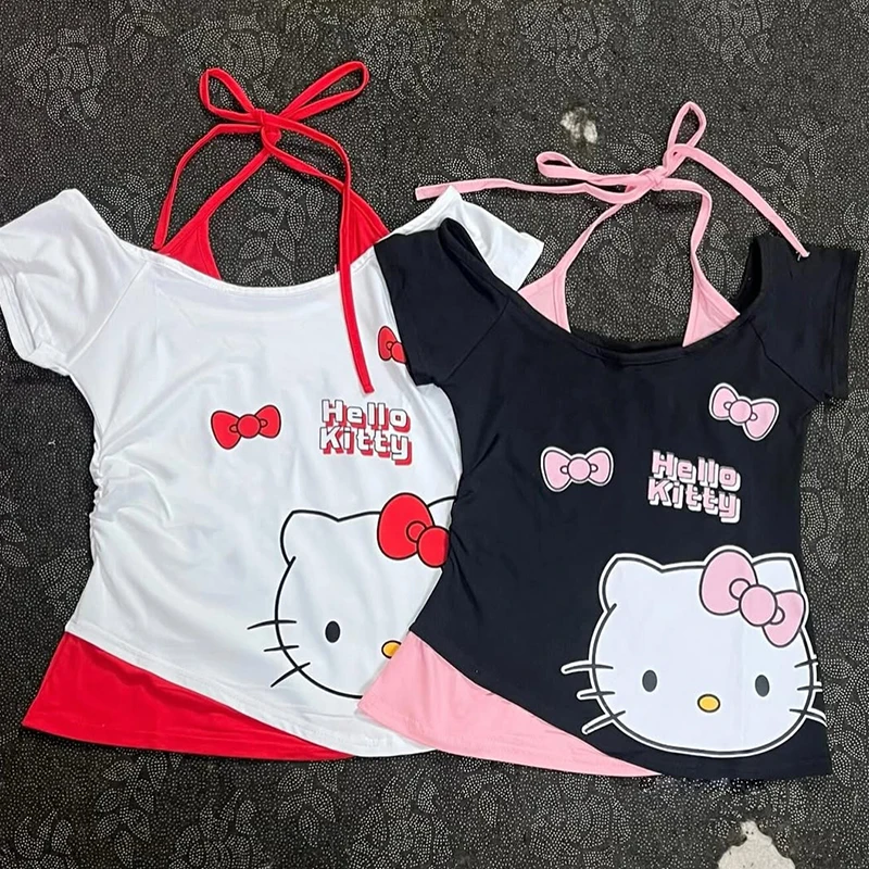 Sanrio Hello Kitty Off Shoulder Crop Top - 100% Cotton Y2K Sweet Tie Detail Slim Fit T-Shirt Women Summer 2025
Sanrio Hello Kitty Off Shoulder Crop Top - 100% Cotton Y2K Sweet Tie Detail Slim Fit T-Shirt Women Summer 2025