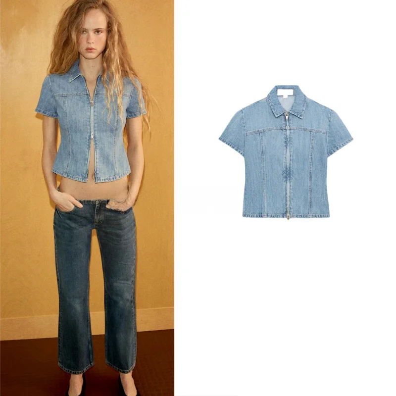 Spring Summer New Women's Slim Fit Zipper Short Sleeve Collared Denim Shirt Breathable Polyester Fiber Regular Length
Spring Summer New Women's Slim Fit Zipper Short Sleeve Collared Denim Shirt Breathable Polyester Fiber Regular Length