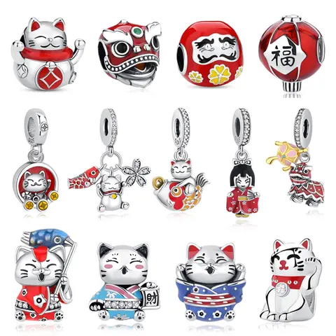 925 Sterling Silver Charms Fortune Cat Chinese New Year Pendant Beads Japanese Girl Fit Brand Bracelets Necklaces Women Jewelry