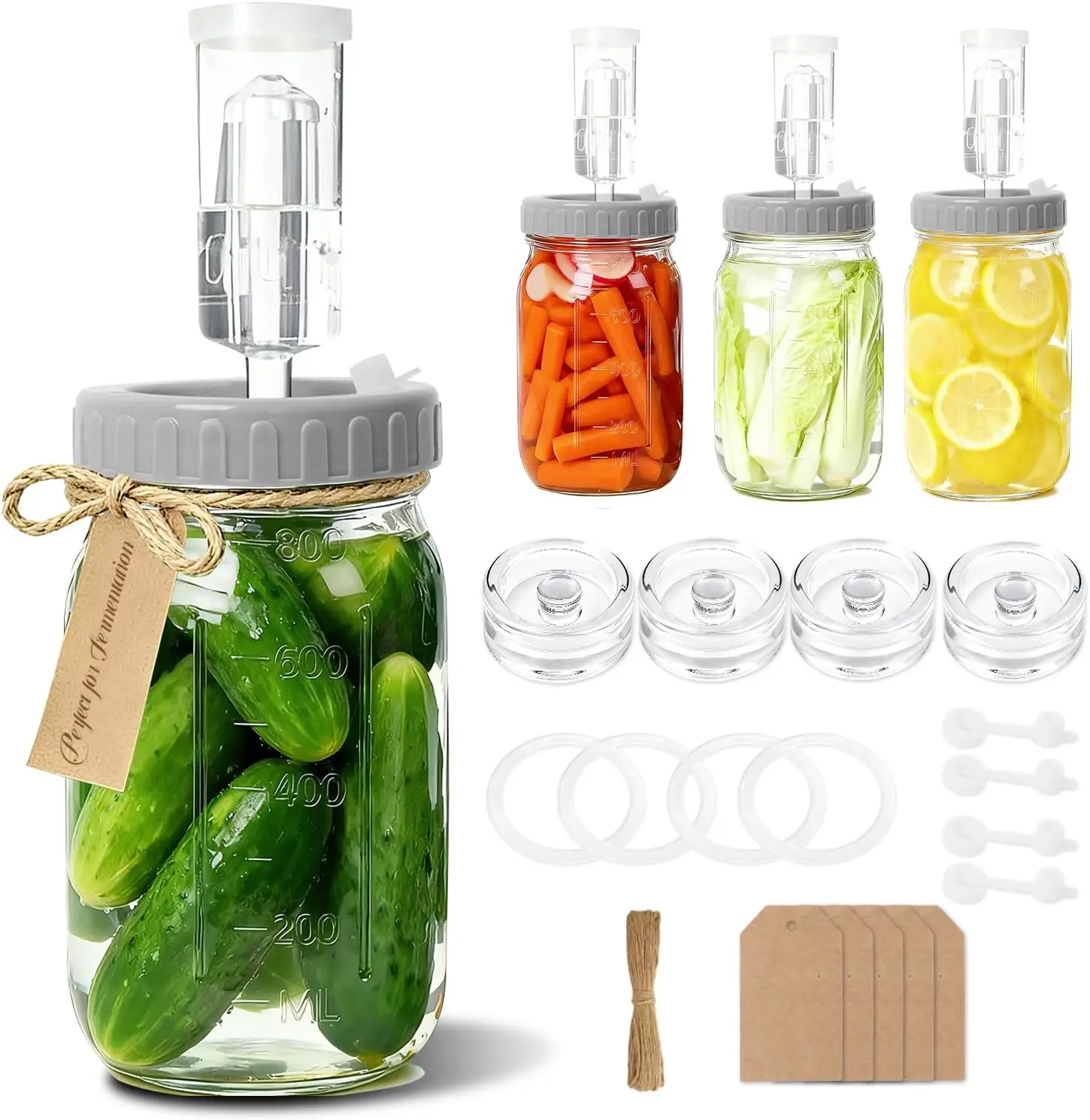 4-Pack Mason Jar Fermentation Kit(Jars Included) Four 32oz Fermentation Jars with Plastic Fermenting Lids, Airlocks, Silicone Rings & Grommets, and Glass Weights for Easy Fermenting & Storage
4-Pack Mason Jar Fermentation Kit(Jars Included) Four 32oz Fermentation Jars with Plastic Fermenting Lids, Airlocks, Silicone Rings & Grommets, and Glass Weights for Easy Fermenting & Storage