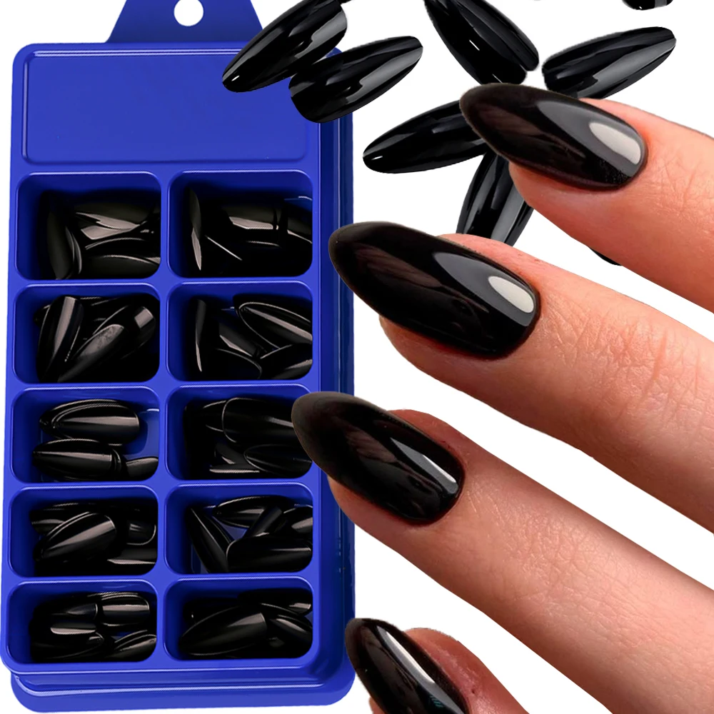 100Pcs Black Nails Almond Press on False nails 1Box 10*10 Mid-length Artificial Fake Nails Glossy Almond French Fingernail Tips-
100Pcs Black Nails Almond Press on False nails 1Box 10*10 Mid-length Artificial Fake Nails Glossy Almond French Fingernail Tips-