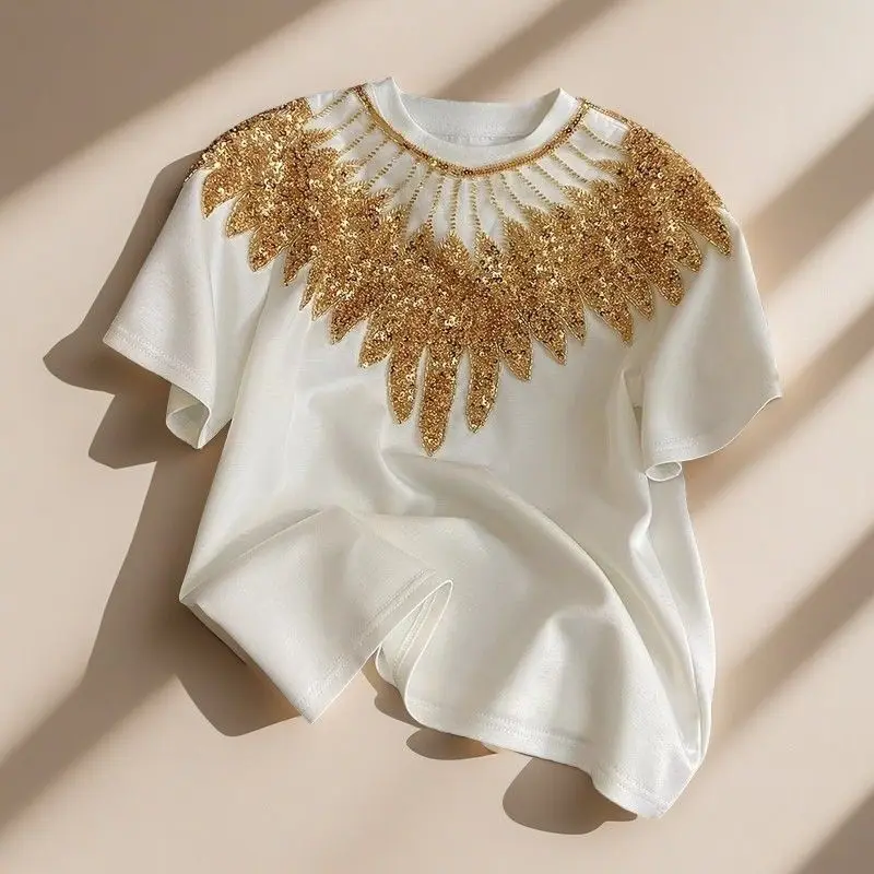 Spring and summer new French retro casual versatile shiny heavy sequin round neck short sleeved white crop top women
Spring and summer new French retro casual versatile shiny heavy sequin round neck short sleeved white crop top women