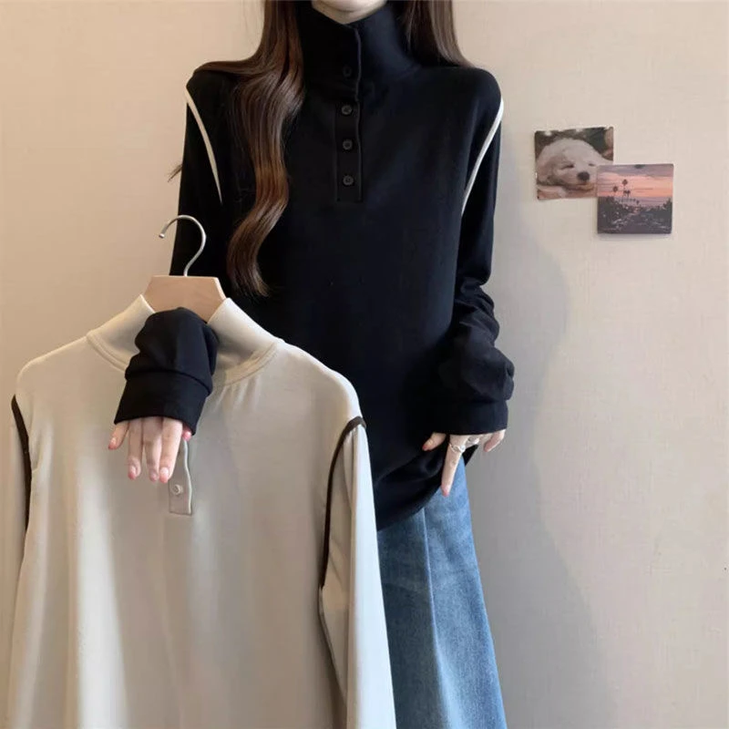 Autumn Winter Double-sided Flocking Velvet Long Sleeve T-shirt Women's Inner Shirt Base Top Button Half High Collar Sweatshirt
Autumn Winter Double-sided Flocking Velvet Long Sleeve T-shirt Women's Inner Shirt Base Top Button Half High Collar Sweatshirt