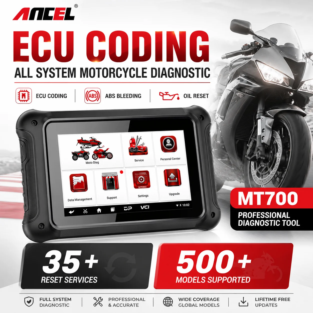 ABS Bleeding Oil Reset Motorcycle OBD2 Scanner ANCEL MT700 Full System 31 Reset ECU Coding Bidirectional Scan Tool for 16 Brands
ABS Bleeding Oil Reset Motorcycle OBD2 Scanner ANCEL MT700 Full System 31 Reset ECU Coding Bidirectional Scan Tool for 16 Brands