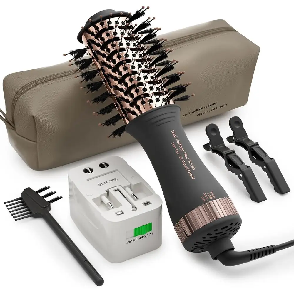Compact 2-inch Oval Hot Air Brush, All-in-One Travel Hair Dryer, Styler, Volumizer, Straightener, Curler with Universal Adapter
Compact 2-inch Oval Hot Air Brush, All-in-One Travel Hair Dryer, Styler, Volumizer, Straightener, Curler with Universal Adapter