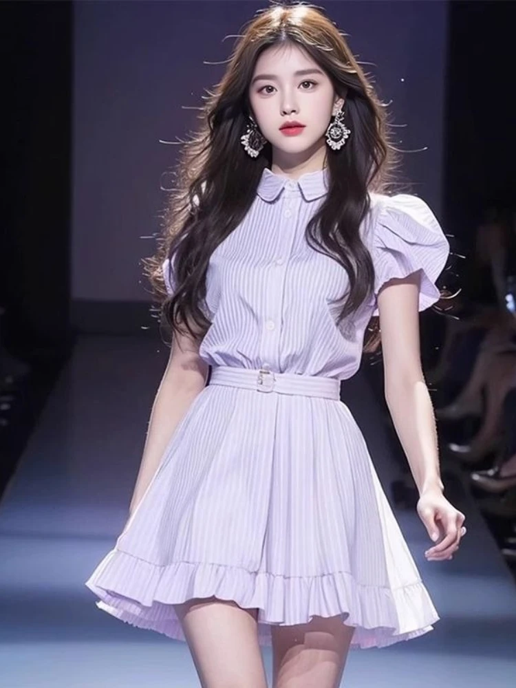 French Elegant Dresses Turn Down Collar Puff Sleeve Striped Sashes Ruffles Dress Summer Female Slim Design 2025 Women's Clothing
French Elegant Dresses Turn Down Collar Puff Sleeve Striped Sashes Ruffles Dress Summer Female Slim Design 2025 Women's Clothing