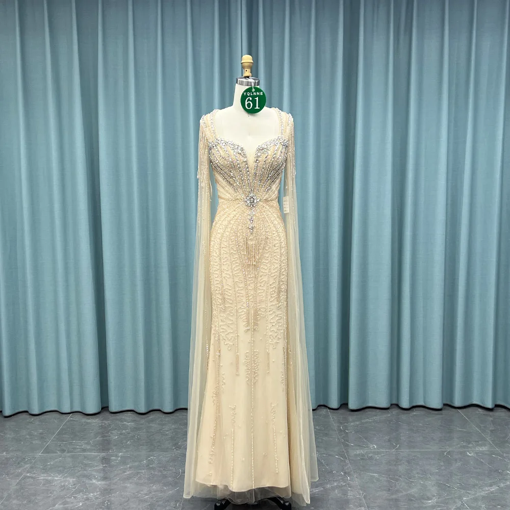 YQLNNE 061 Champagne Crystals Beaded Mermaid Evening Dresses Long Cap Sleeves Tulle Pageant Evening Party Gown
YQLNNE 061 Champagne Crystals Beaded Mermaid Evening Dresses Long Cap Sleeves Tulle Pageant Evening Party Gown
