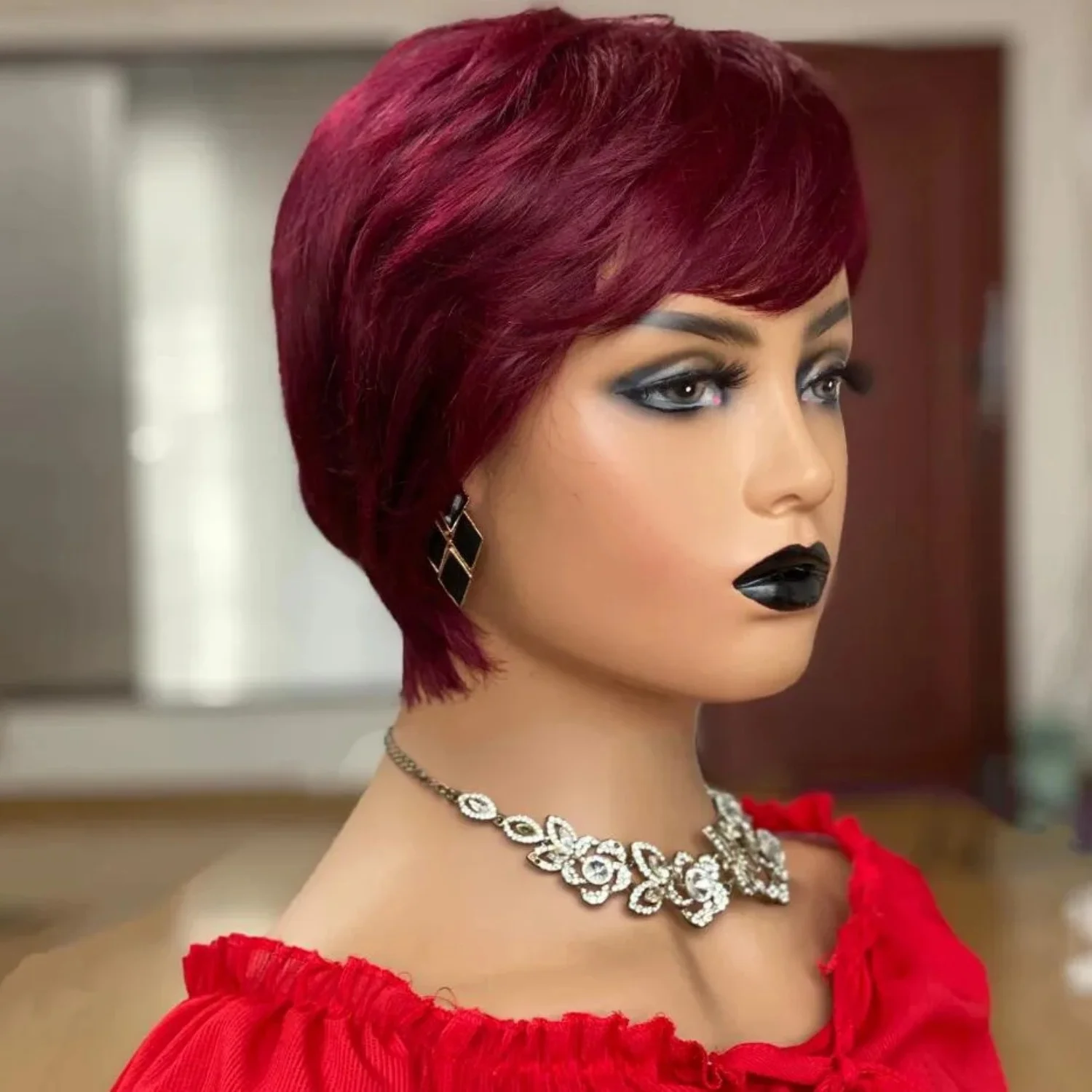 99J Burgundy Short Pixie Cut Wigs with Bangs Red Color Short Straight Human Hair Machine Made
99J Burgundy Short Pixie Cut Wigs with Bangs Red Color Short Straight Human Hair Machine Made
