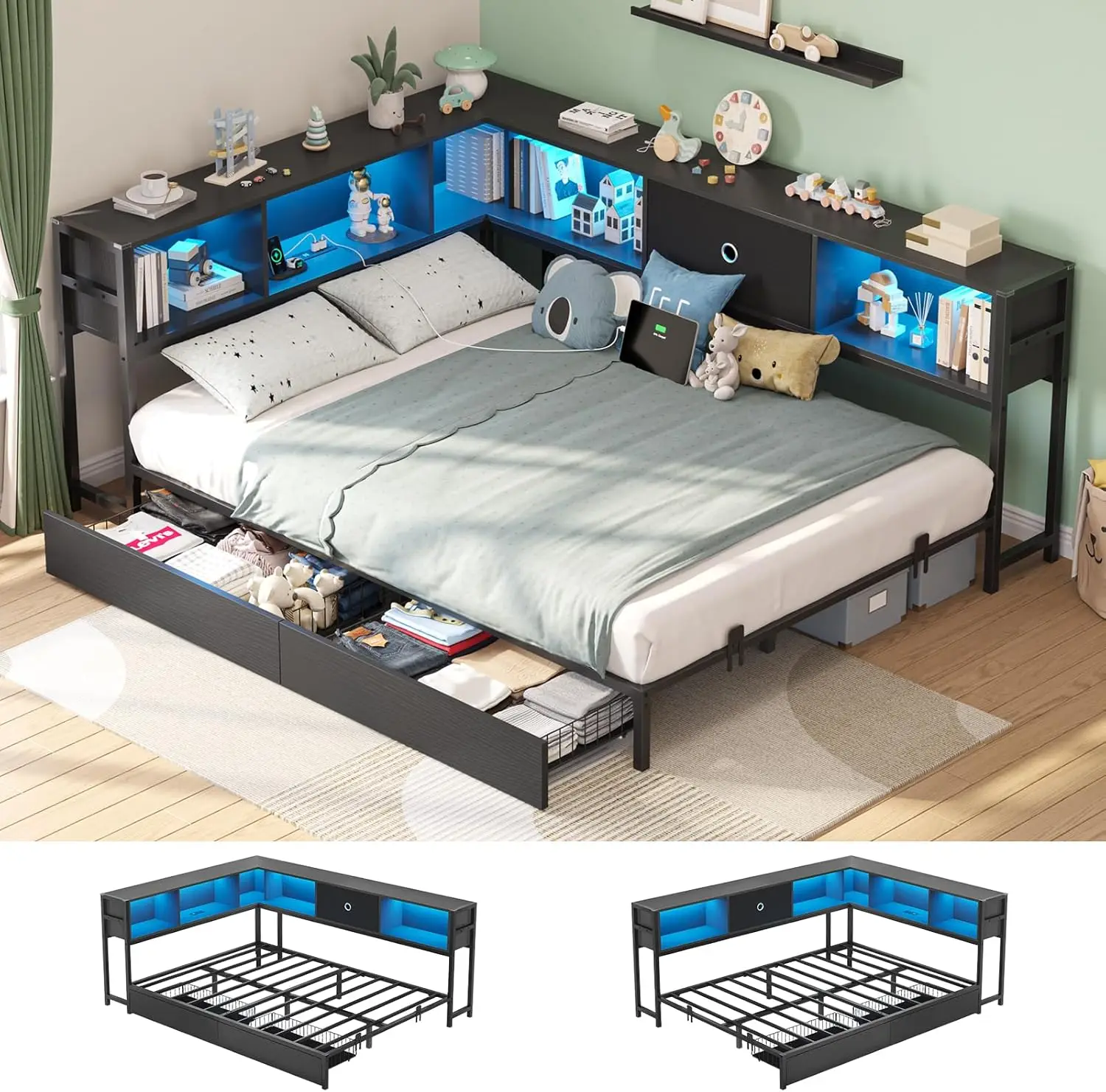 Corner Bed Frame with Storage Bookcase, Full Daybed with Storage Drawers Underneath, Kids Bed Unit with Charging Station and
Corner Bed Frame with Storage Bookcase, Full Daybed with Storage Drawers Underneath, Kids Bed Unit with Charging Station and