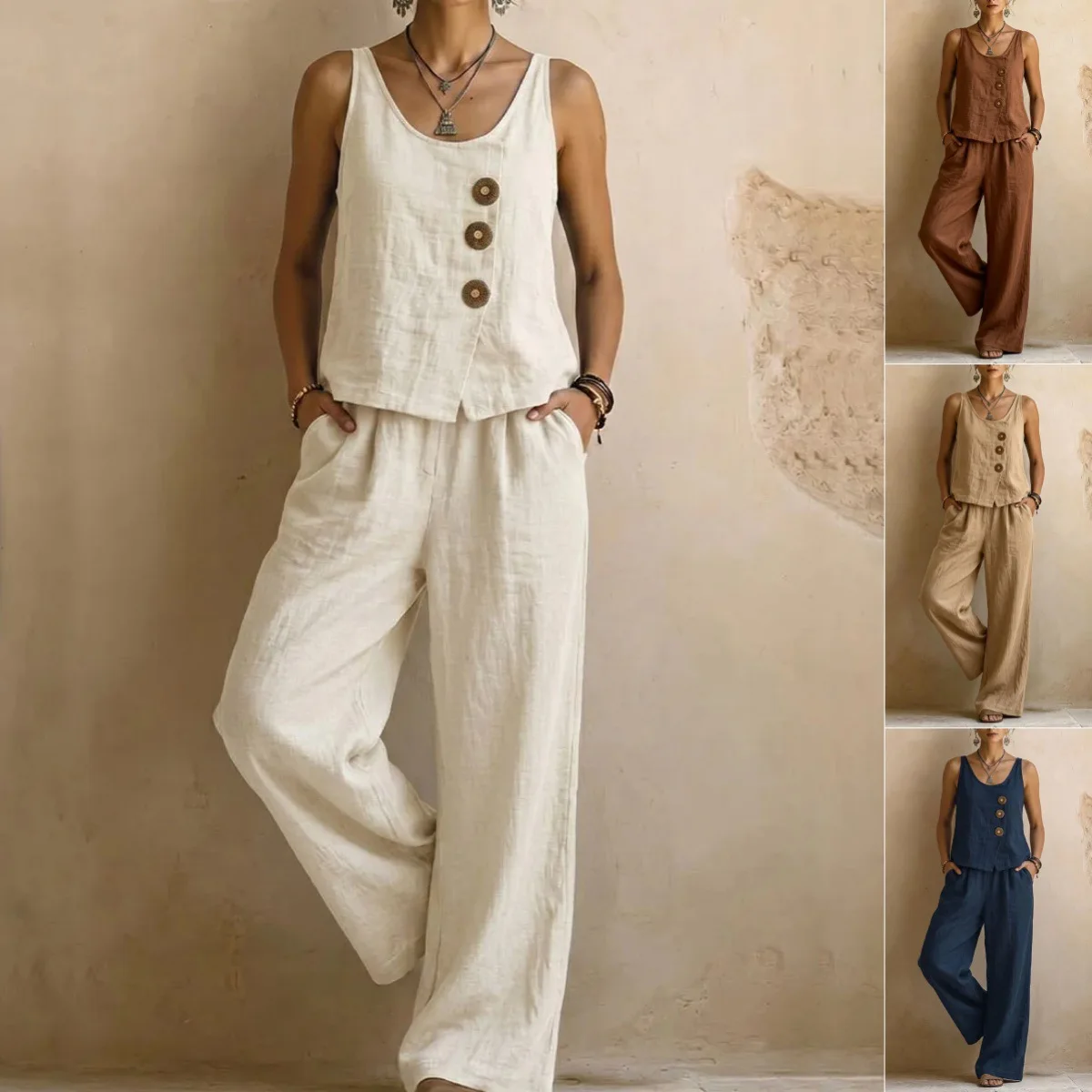 Women's Office Lady Matching Suit Outfit Sleeveless Buttoned Tank Top High Waist Wide Leg Pants Casual Loose Summer Holiday Set
Women's Office Lady Matching Suit Outfit Sleeveless Buttoned Tank Top High Waist Wide Leg Pants Casual Loose Summer Holiday Set