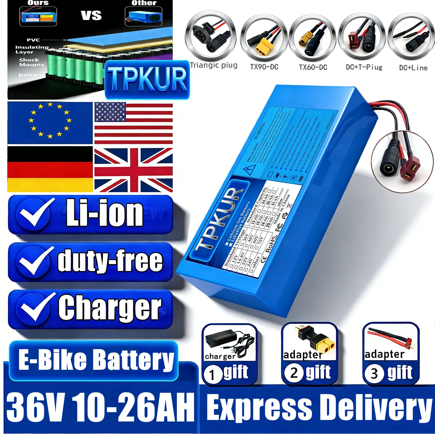 36V 10S 3P 18650 Battery Pack 12000mAh Fit 100-1000W Commuting Equipment With BMS Protection and Charger
36V 10S 3P 18650 Battery Pack 12000mAh Fit 100-1000W Commuting Equipment With BMS Protection and Charger