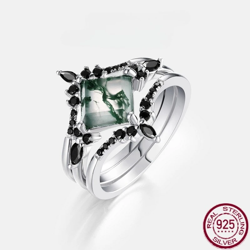 New S925 Pure Silver Geometric Water Grass Agate Ring Set with Green Moss Stone Stacked Ring Wedding Jewelry
New S925 Pure Silver Geometric Water Grass Agate Ring Set with Green Moss Stone Stacked Ring Wedding Jewelry