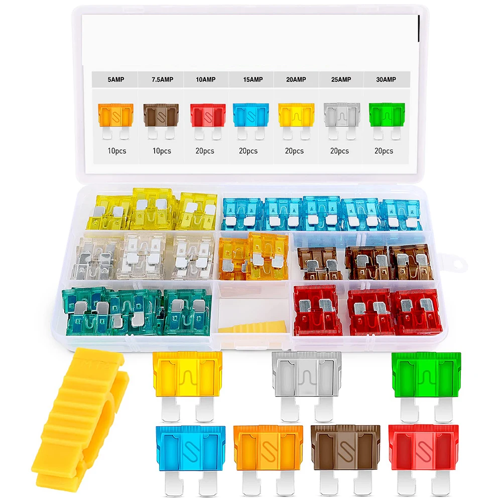120 pcs Standard Fuse kit – 5, 7.5, 10, 15, 20, 25, 30 AMP – Regular APR/ATO (Open)/ATC Blade Fuses for Trucks, Boats
120 pcs Standard Fuse kit – 5, 7.5, 10, 15, 20, 25, 30 AMP – Regular APR/ATO (Open)/ATC Blade Fuses for Trucks, Boats