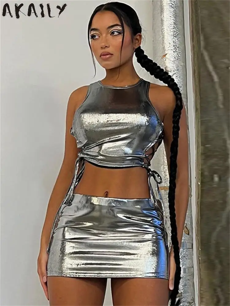 Akaily Silver Sleeveless Bodycon 2 Two Piece Mini Skirts Set Night Club Outfit For Women 2023 Winter Bandage Tank Top Skirt Set
Akaily Silver Sleeveless Bodycon 2 Two Piece Mini Skirts Set Night Club Outfit For Women 2023 Winter Bandage Tank Top Skirt Set