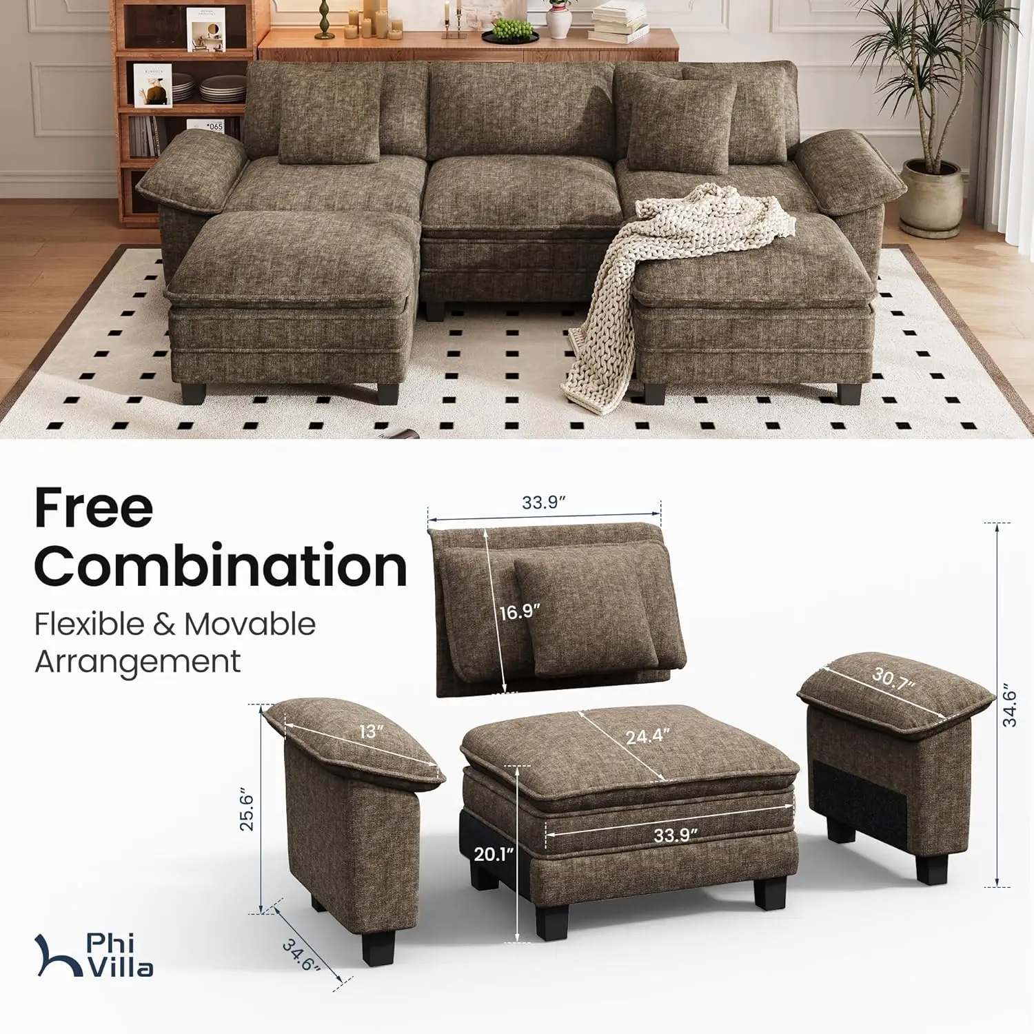 U-Shape 5-Seat Modular Sectional Sofa, 123.6in Chenille with 2 Ottomans for Living Room, Customized
U-Shape 5-Seat Modular Sectional Sofa, 123.6in Chenille with 2 Ottomans for Living Room, Customized