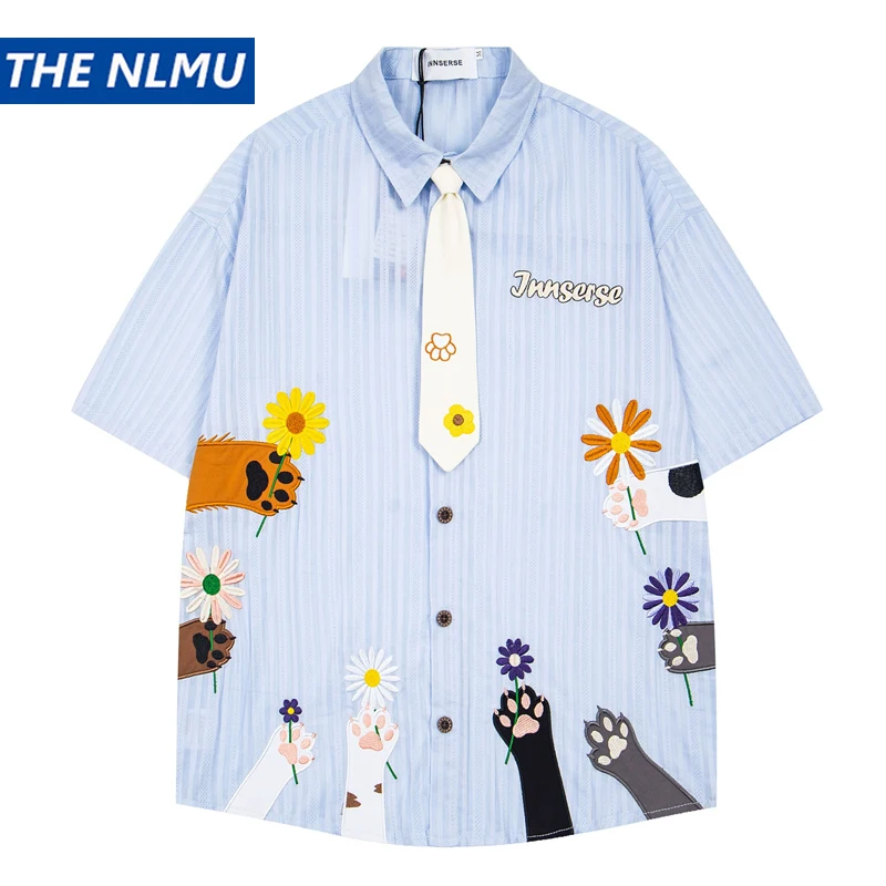 American High Street Striped Shirt Hip Hop Cat Flower Embroidery Short Sleeve Top with Tie Casual Summer Button Shirts
American High Street Striped Shirt Hip Hop Cat Flower Embroidery Short Sleeve Top with Tie Casual Summer Button Shirts