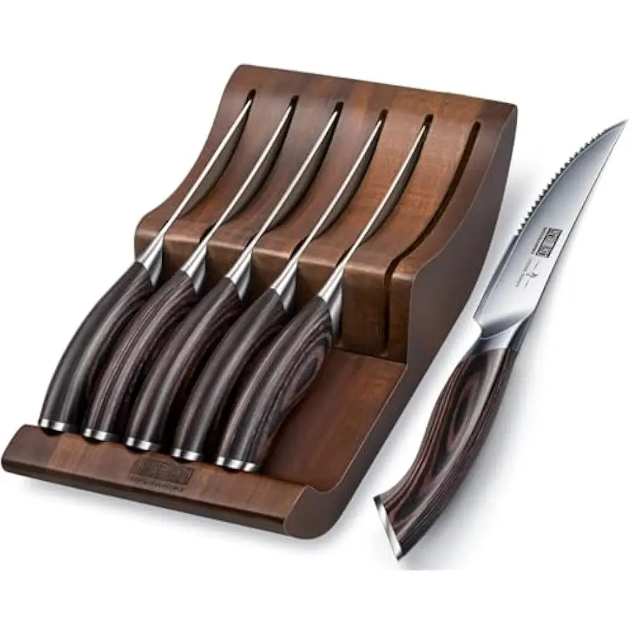 HOSHANHO Steak Knives Set of 6 with Block, 4.5 Inch Serrated Steak Knife Set, Japanese High Carbon Steel Kitchen Steak Knives wi
HOSHANHO Steak Knives Set of 6 with Block, 4.5 Inch Serrated Steak Knife Set, Japanese High Carbon Steel Kitchen Steak Knives wi