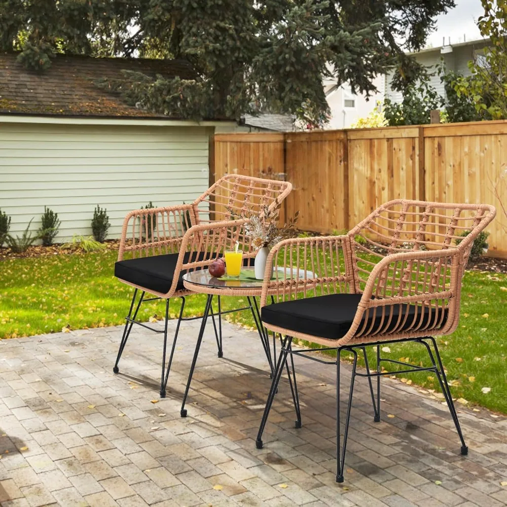 3 Piece Wicker Patio Bistro Furniture Set, Includes 2 Rattan Chairs and Glass Top Table, Ideal for Porch, Outdoor, Backyard,
3 Piece Wicker Patio Bistro Furniture Set, Includes 2 Rattan Chairs and Glass Top Table, Ideal for Porch, Outdoor, Backyard,