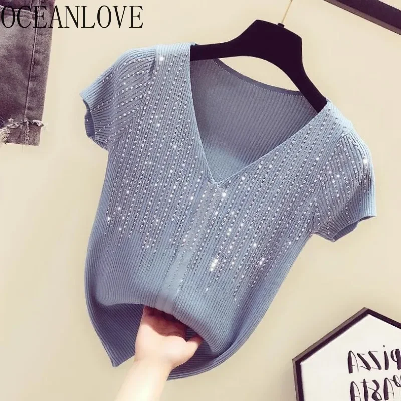 OCEANLOVE Knitted T Shirt for Women V Neck Diamonds Spring Summer Short Sleeve Ropa De Mujer Korean Fashion Casual Slim Tees
OCEANLOVE Knitted T Shirt for Women V Neck Diamonds Spring Summer Short Sleeve Ropa De Mujer Korean Fashion Casual Slim Tees