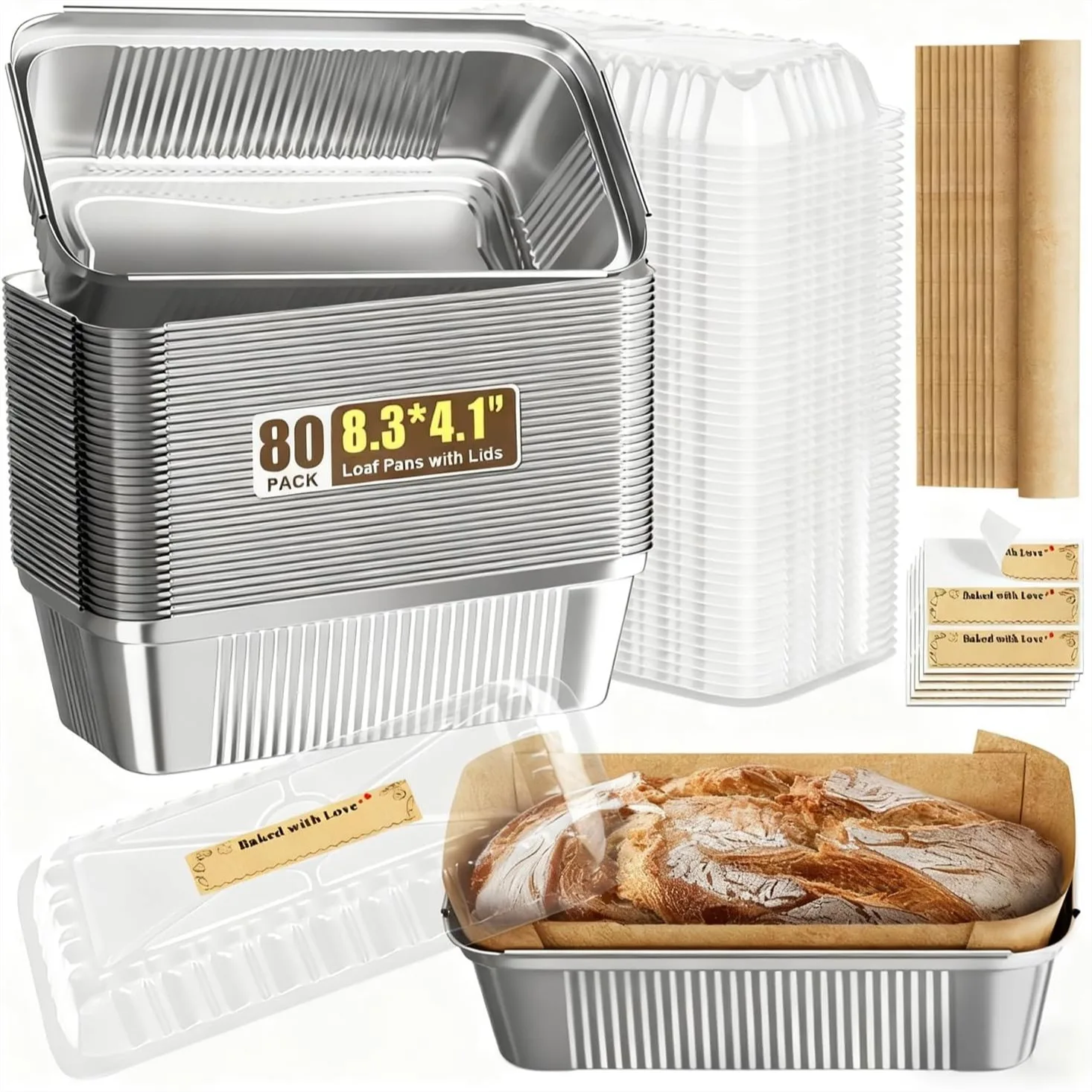 80 Pack Aluminum Loaf Pans with Lids, 2.4Lb Heavy Duty Disposable Bread Tins, 8.3x4.1x2.2 Inch Baking Pans with Parchment Paper
80 Pack Aluminum Loaf Pans with Lids, 2.4Lb Heavy Duty Disposable Bread Tins, 8.3x4.1x2.2 Inch Baking Pans with Parchment Paper
