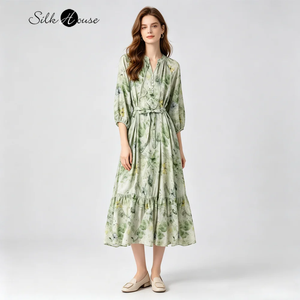 Women's Casual Summer New 100% Natural Mulberry Silk Crepe De Chine Green Ink Butterfly Print Lantern Sleeve Loose Dress
Women's Casual Summer New 100% Natural Mulberry Silk Crepe De Chine Green Ink Butterfly Print Lantern Sleeve Loose Dress
