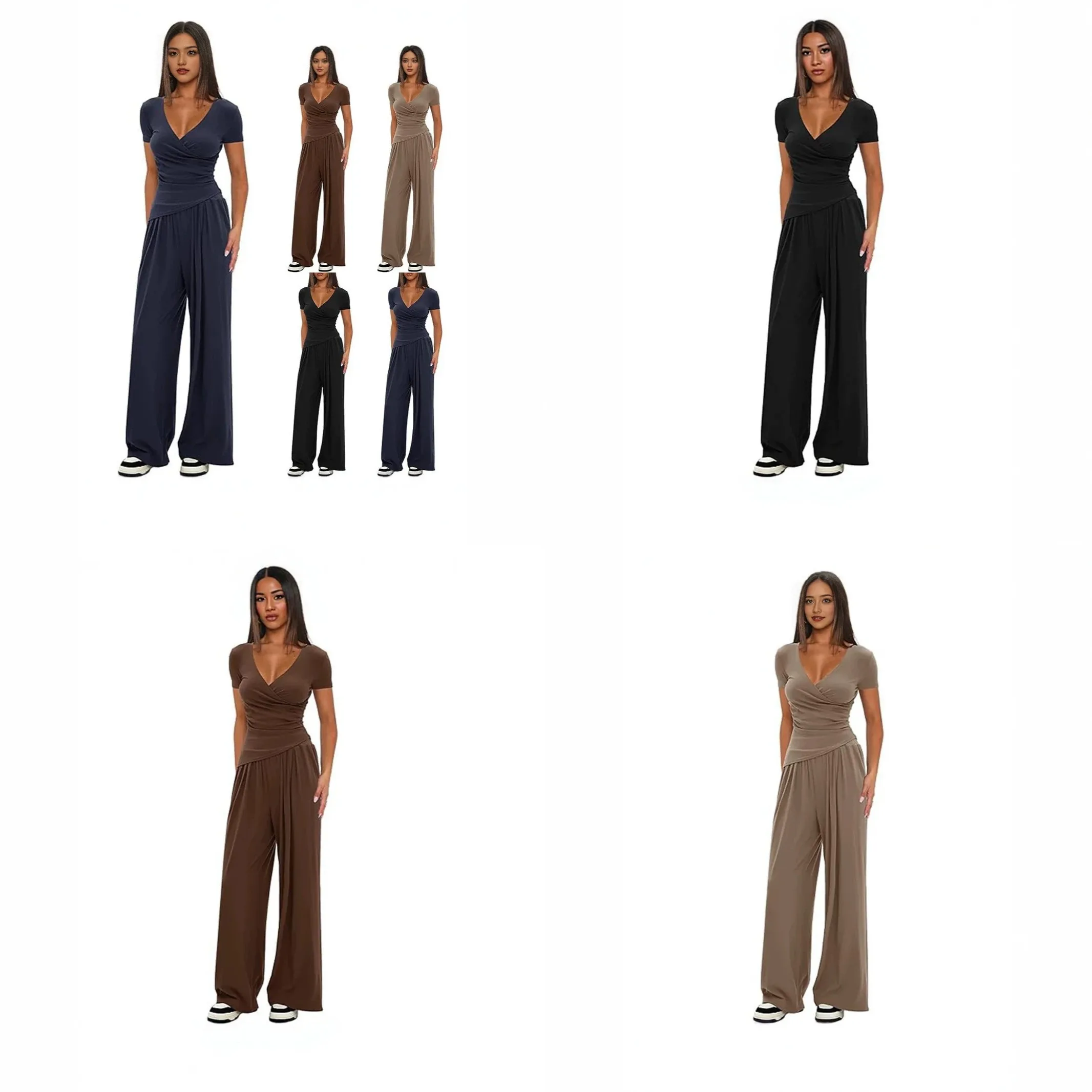 Pure Color 2 Piece Matching Set V Neck Shirred Short Sleeve Wide Leg Pants Lounge Set Jumpsuit Playsuit Spring Summer
Pure Color 2 Piece Matching Set V Neck Shirred Short Sleeve Wide Leg Pants Lounge Set Jumpsuit Playsuit Spring Summer