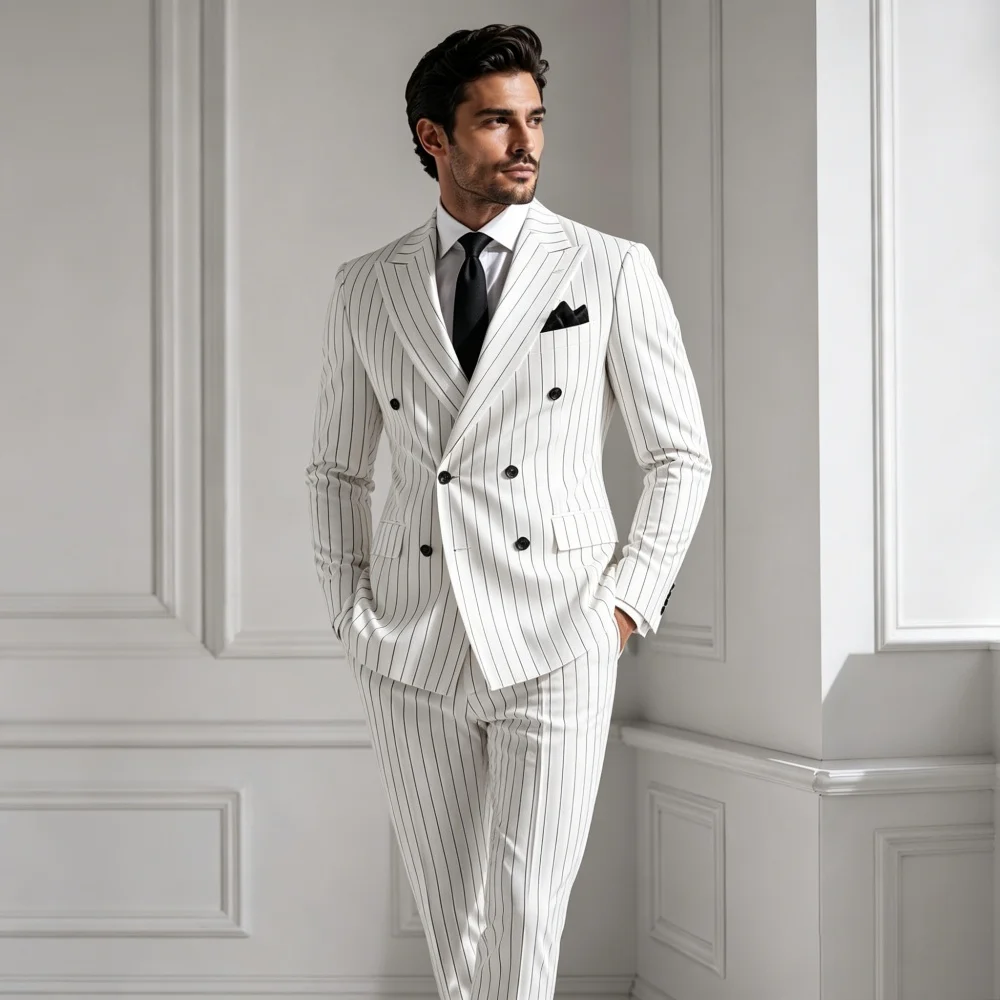 White Pinstripe Men Suits Double Breasted Wedding Tuxedo 2 Pieces Slim Fit Formal Blazer Pants Set For Groom Guest Prom Party
White Pinstripe Men Suits Double Breasted Wedding Tuxedo 2 Pieces Slim Fit Formal Blazer Pants Set For Groom Guest Prom Party
