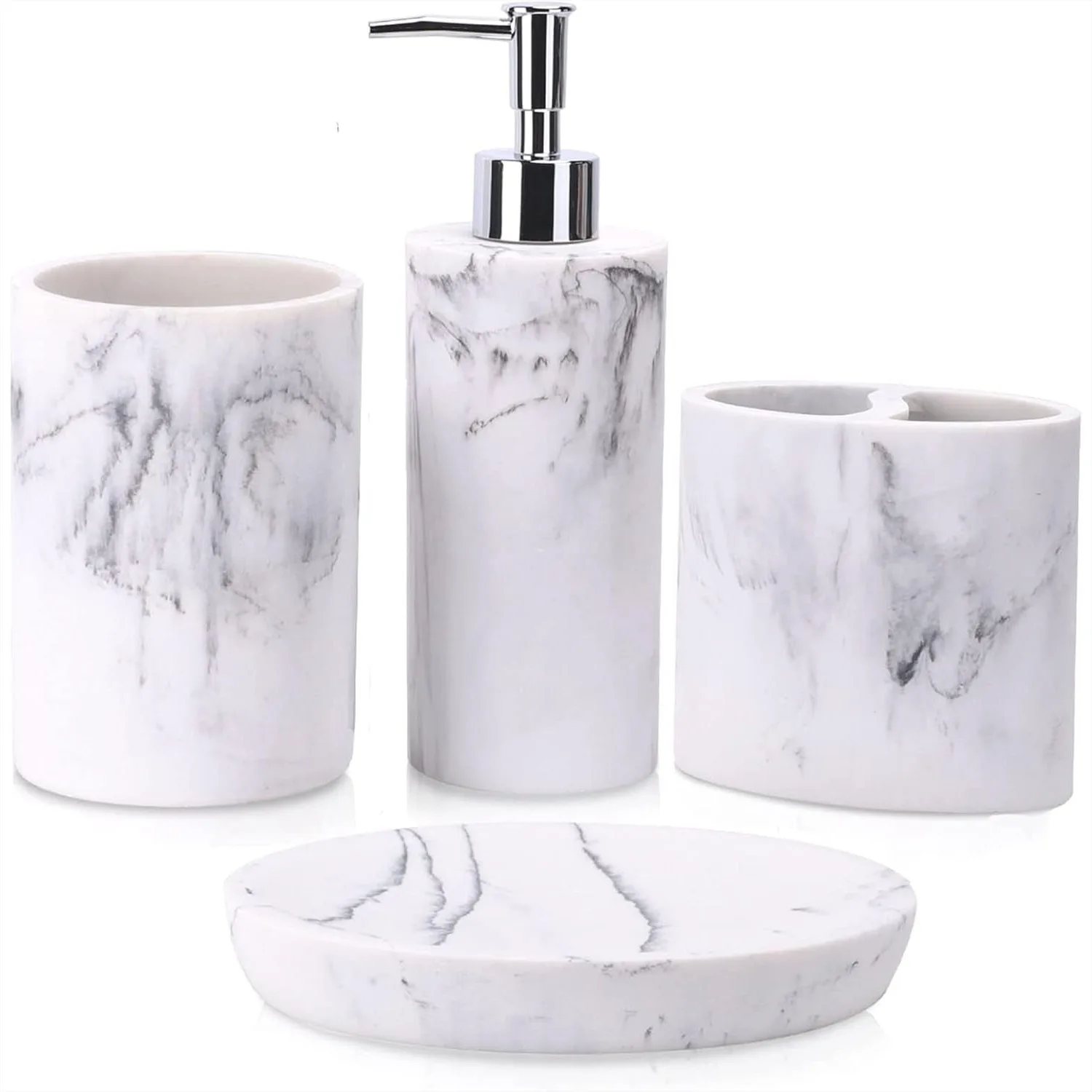 Bathroom Accessory Set 4 Pcs Marble Look Vanity Countertop Décor with Soap Dispenser, Toothbrush Holder, Tumbler, Soap Dish
Bathroom Accessory Set 4 Pcs Marble Look Vanity Countertop Décor with Soap Dispenser, Toothbrush Holder, Tumbler, Soap Dish
