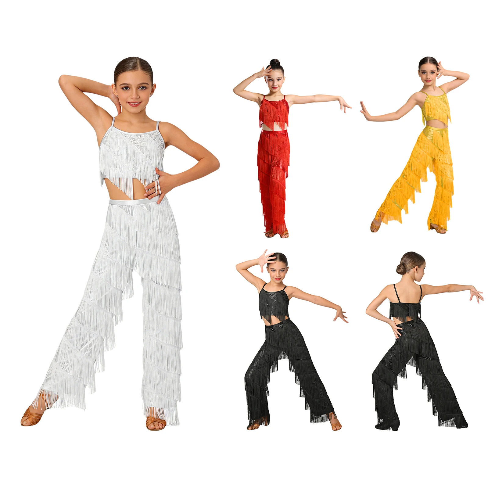 Girls Tassel Fringe Latin Dance Outfit 2 Piece Kids Salsa Ballroom Dance Performance Costume Fringe Camisole with Metallic Pants
Girls Tassel Fringe Latin Dance Outfit 2 Piece Kids Salsa Ballroom Dance Performance Costume Fringe Camisole with Metallic Pants