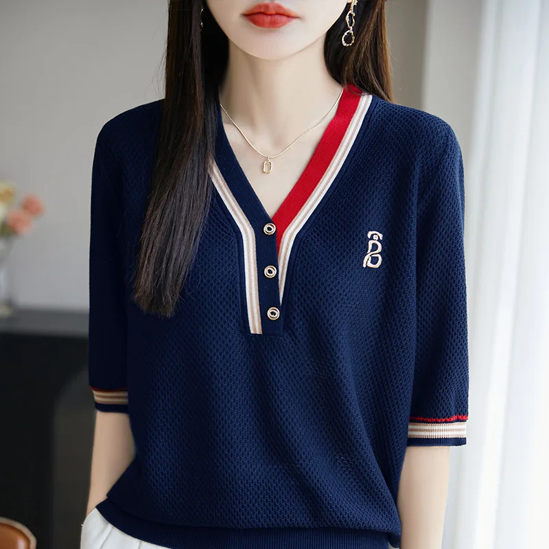 Summer 100% Lyocell women's short sleeved casual patchwork T-shirt V-neck Tees loose cardigan Tops embroidered knit Blouse cool
Summer 100% Lyocell women's short sleeved casual patchwork T-shirt V-neck Tees loose cardigan Tops embroidered knit Blouse cool