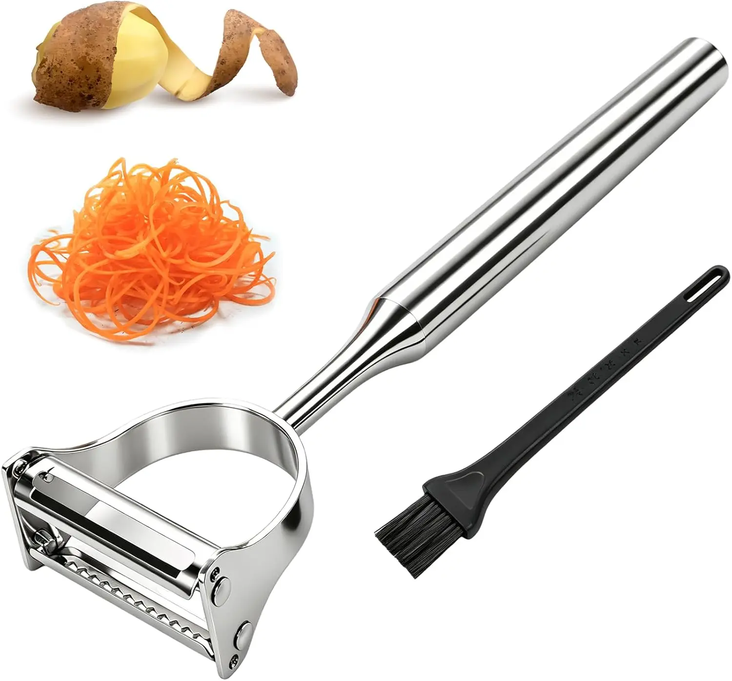 2 in 1 Stainless Steel Peeler & Julienne Slicer, Multi-Function, Straight & Serrated Blades, for Potato Carrot Zucchini Cucumber
2 in 1 Stainless Steel Peeler & Julienne Slicer, Multi-Function, Straight & Serrated Blades, for Potato Carrot Zucchini Cucumber