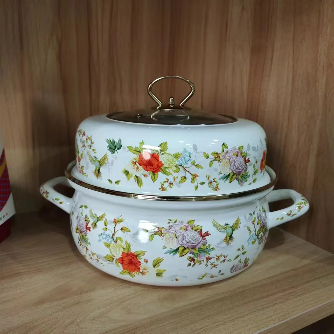 WW enamel binaural soup pot with lid steamer set, universal thickened saucepan flower double layer
WW enamel binaural soup pot with lid steamer set, universal thickened saucepan flower double layer