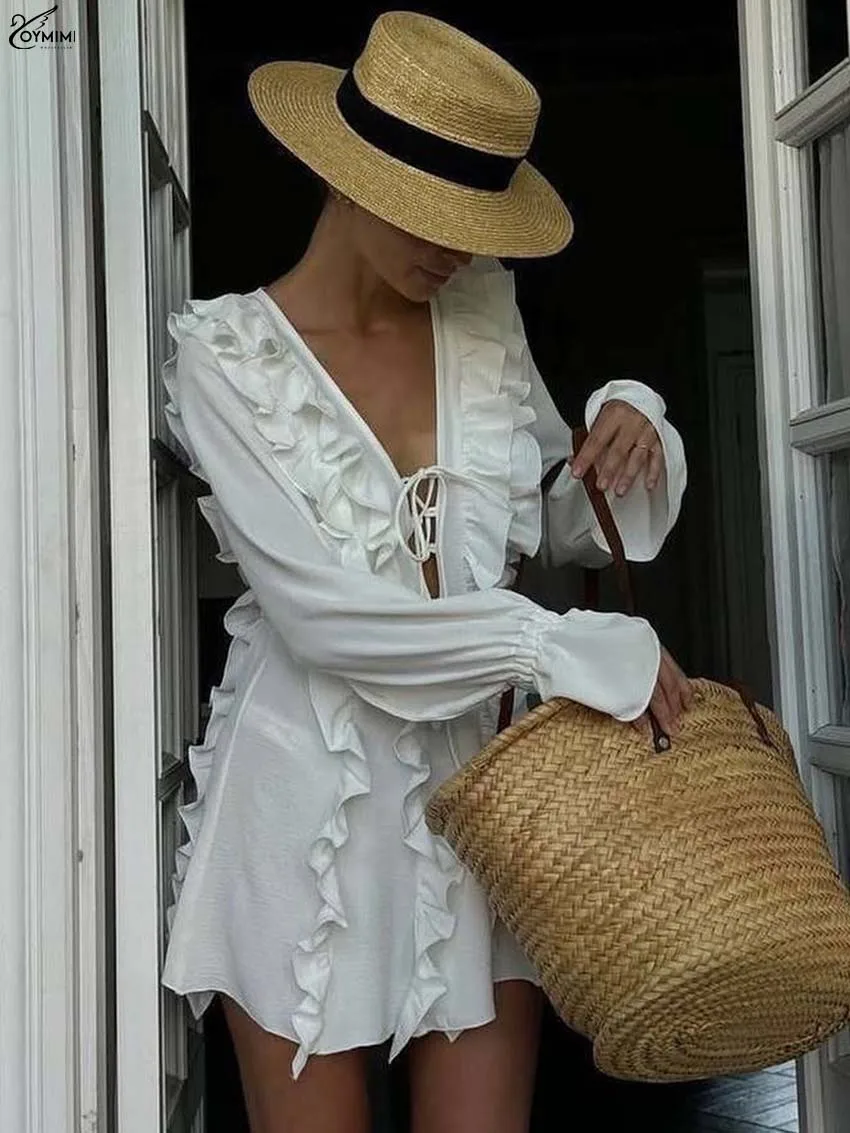 Oymimi Elegant White V-Neck Womens Dresses Fashion Long Sleeve Ruffled Lace-Up Dresses Autumn High Waist Mini Dress Streetwear
Oymimi Elegant White V-Neck Womens Dresses Fashion Long Sleeve Ruffled Lace-Up Dresses Autumn High Waist Mini Dress Streetwear