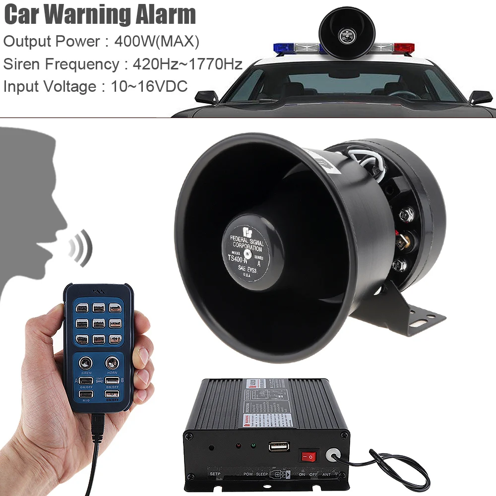 400W 18 Tone Loud Car Warning Alarm Siren Horn Speaker Auto Horn 12V with MIC System and Wireless Remote Control
400W 18 Tone Loud Car Warning Alarm Siren Horn Speaker Auto Horn 12V with MIC System and Wireless Remote Control