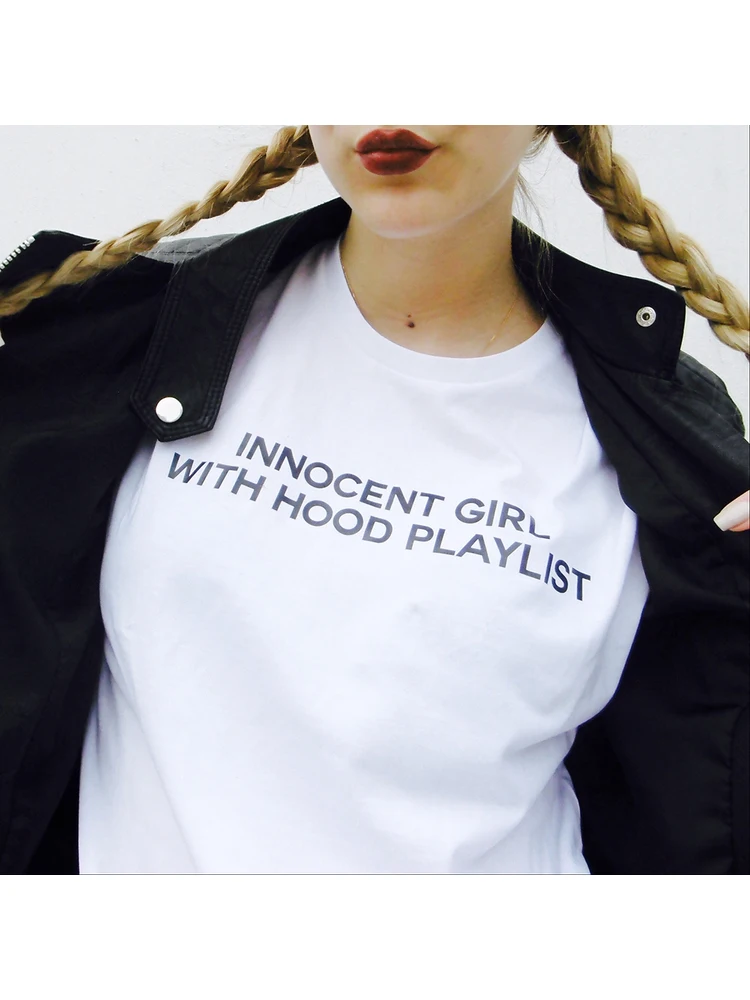 Innocent Girl with Hood Playlist Tee Women Funny Tumblr Graphic T Shirt Summer Style Tshirt Fashion Clothes T-shirt
Innocent Girl with Hood Playlist Tee Women Funny Tumblr Graphic T Shirt Summer Style Tshirt Fashion Clothes T-shirt