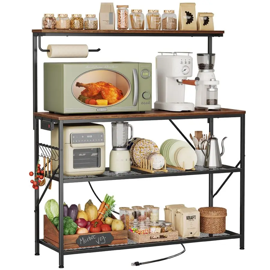 Стеллаж Huuger с 4 полками и реверсивной розеткой, подставка для микроволновой печи 39,4 дюйма, кухонный кофейный бар, с верхней полкой, 6 крючками
Стеллаж Huuger с 4 полками и реверсивной розеткой, подставка для микроволновой печи 39,4 дюйма, кухонный кофейный бар, с верхней полкой, 6 крючками