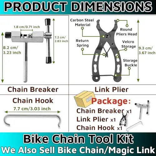 Bicycle Chain Maintenance Kit: 3-Piece Tool Set Including Chain Breaker, Link Plier, And Chain Hook
Bicycle Chain Maintenance Kit: 3-Piece Tool Set Including Chain Breaker, Link Plier, And Chain Hook