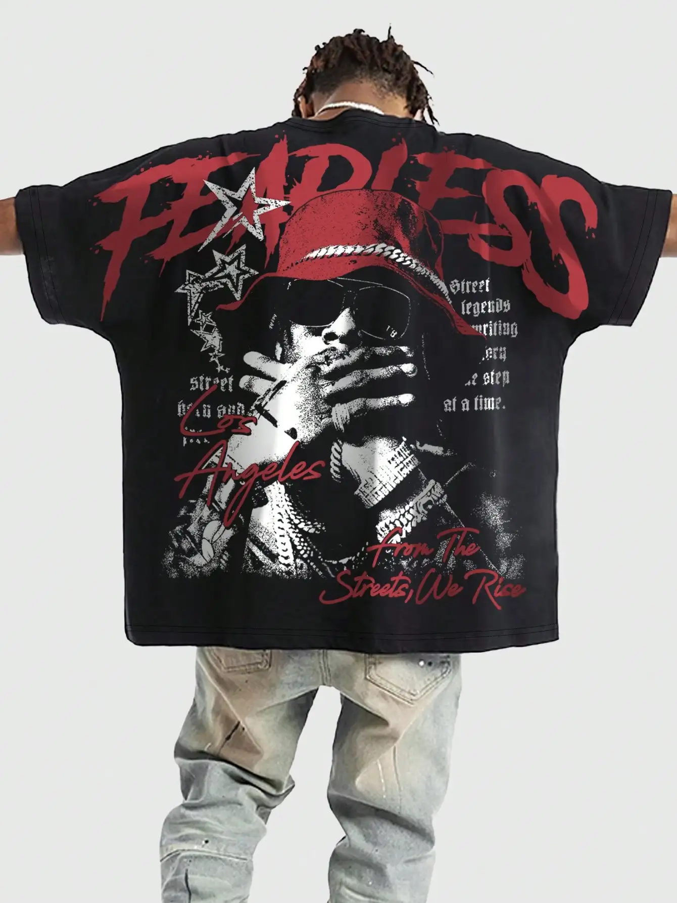 Men's Oversized Black Graphic Tee with Bold Slogan Print, Street Style Batwing Sleeve
Men's Oversized Black Graphic Tee with Bold Slogan Print, Street Style Batwing Sleeve