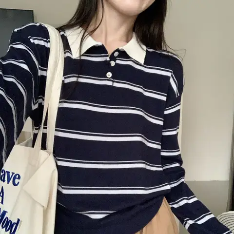 Early Autumn Fashionable Korean Style Knitted Polo Neck Long Sleeve Shirt Half Open Chest Striped Color Block Casual Top