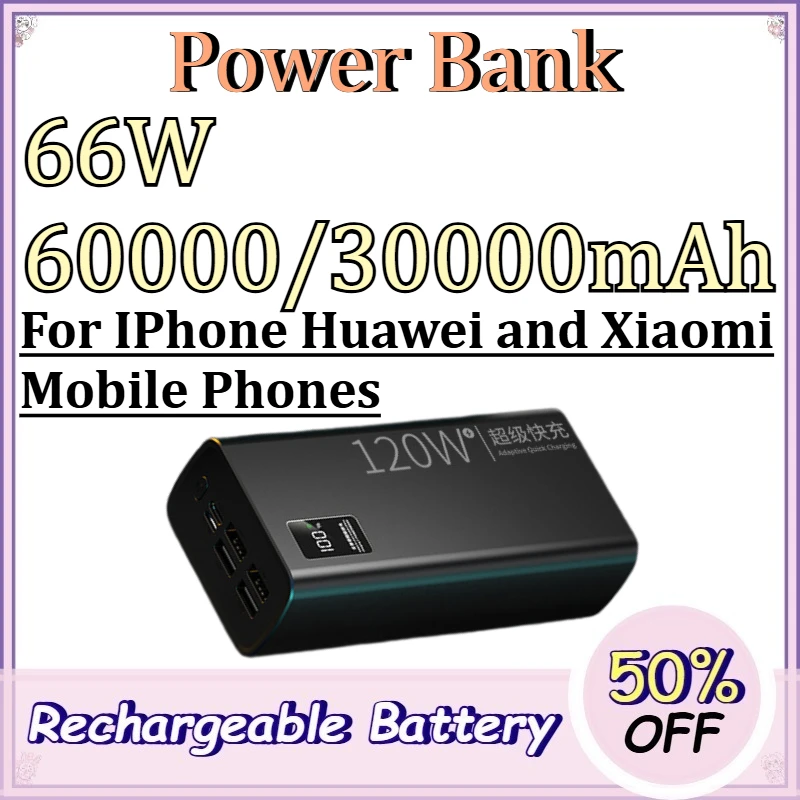 66W 60000/30000mAh Power Bank for IPhone Huawei and Xiaomi Mobile Phones Super Fast Charging Outdoor Camping PowerBank
66W 60000/30000mAh Power Bank for IPhone Huawei and Xiaomi Mobile Phones Super Fast Charging Outdoor Camping PowerBank